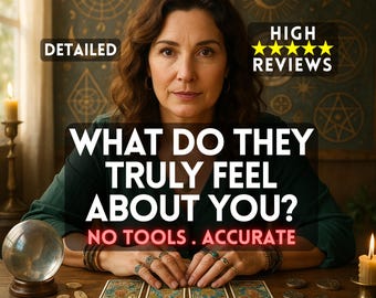 May include: An image featuring a woman with text that reads "WHAT DO THEY TRULY FEEL ABOUT YOU?" and "NO TOOLS. ACCURATE." The image also includes tarot cards, a crystal ball, and the words "HIGH REVIEWS" and "DETAILED."