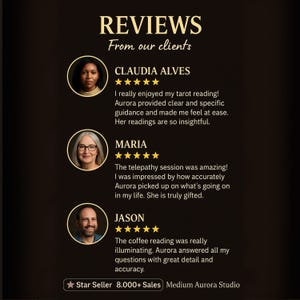 May include: A dark brown graphic with gold text reading "REVIEWS" and client testimonials. Includes headshots, star ratings, and the text "Star Seller 8.000+ Sales Medium Aurora Studio".