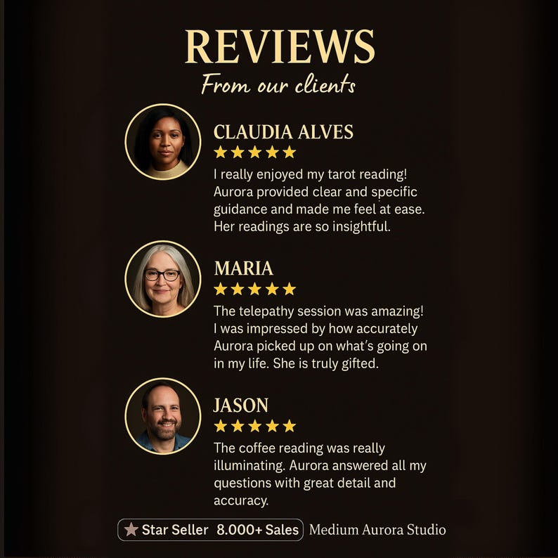 May include: A dark brown graphic with gold text reading "REVIEWS" and client testimonials. Includes headshots, star ratings, and the text "Star Seller 8.000+ Sales Medium Aurora Studio".