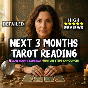 Puede incluir: Una mujer con cabello castaño y una blusa verde está sentada en una mesa de madera, con cartas del tarot y una bola de cristal. El texto de la imagen dice "NEXT 3 MONTHS TAROT READING" y "HIGH REVIEWS".