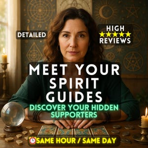 Puede incluir: Imagen de una mujer con el texto "MEET YOUR SPIRIT GUIDES" y "DISCOVER YOUR HIDDEN SUPPORTERS". La imagen incluye cartas del tarot, una bola de cristal y velas. También está presente el texto "HIGH REVIEWS" y "DETAILED".