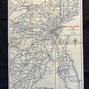 1932 Car Road Map New England Atlantikküste Delaware New Jersey Ferry Times AAA