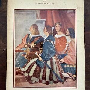 Puede incluir: Portada de libro antiguo titulada "The 'Stanze' of Raphael" por D. Redig de Campos. La portada presenta una pintura de estilo renacentista con varias figuras vestidas con trajes de época. El título y el autor están en negro, con el nombre del editor en la parte inferior.