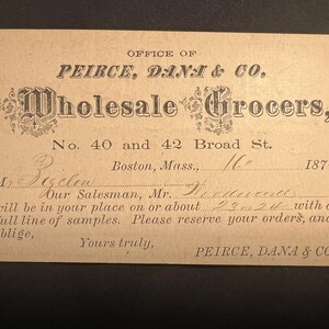 1874 Postkarte für Peirce Dana Wholesale Groceres Boston Massachusetts Lebensmittelgeschäft