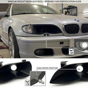 Puede incluir: Dos biseles de faro de plástico negro para un modelo BMW E46 facelift. La imagen incluye una guía de montaje e identificación con diagramas que muestran el proceso de instalación, incluyendo una guía central del proyector y un tornillo.