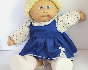 Vintage Cabbage Patch Kids 1985 Play Doll Short Lemon Hair Blue Eyes Blue Dress