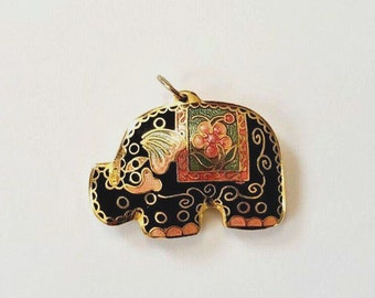 Vintage Cloisonne Elephant Pendant Gold Black PInk Floral Accents