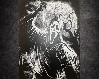 ホラー絵画、白黒マスク、30×40cm、ハロウィン壁飾り、カルト映画