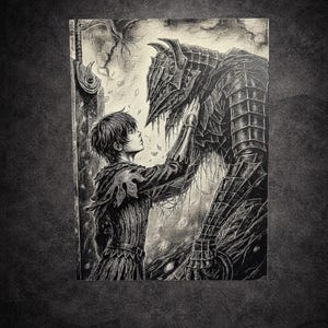 Peut inclure: Illustration en noir et blanc d'une figure en tenue médiévale touchant une grande figure blindée. L'œuvre d'art a un aspect texturé et détaillé, avec l'accent mis sur l'interaction entre les deux personnages. Le fond est sombre et atmosphérique.