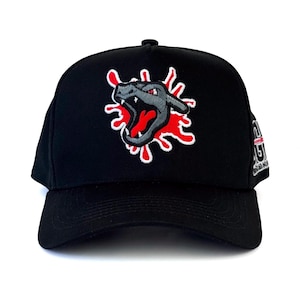 Pode incluir: Boné de beisebol preto com um design bordado de um dragão cinzento com boca e detalhes vermelhos, sobre um fundo vermelho. O boné tem uma aba curva e um botão na parte superior. O design está na frente.