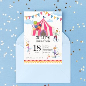 Plantilla personalizable para invitaciones de cumpleaños infantiles con temática de circo.