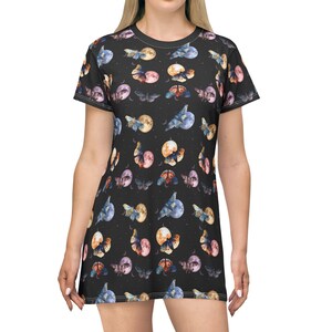Moth and Moon Comfy Cute Witchy T-Shirt Dress, Women&#39;s Casual Tunic, Boho Loose Fit Tee, Oversized Graphic Shirt, Festival Mini Dress