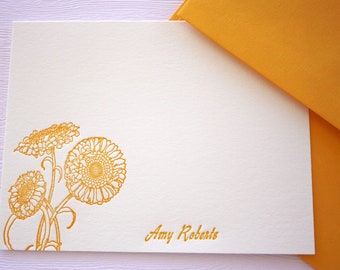 Personalized Marigold Letterpress Stationery Honey Gold Tangerine Orange Flowers