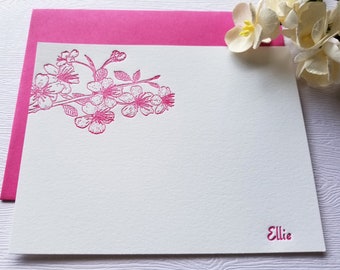 Cherry Blossoms Personalized Letterpress Stationery Gifts Magenta Pink