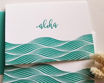 Ocean Waves Letterpress Cards Aloha Mahalo Turquoise Blue