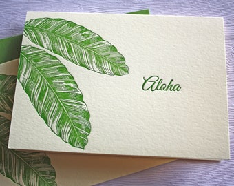 Banana Leaves Letterpress Card Set Aloha Mahalo Forest Green