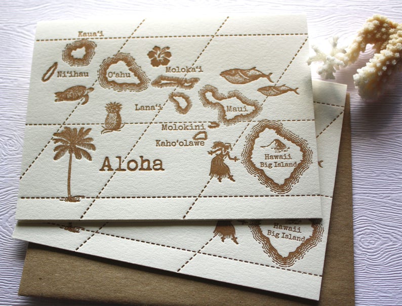 Aloha Hawaii Vintage Map Letterpress Folded Greeting Cards Set Etsy