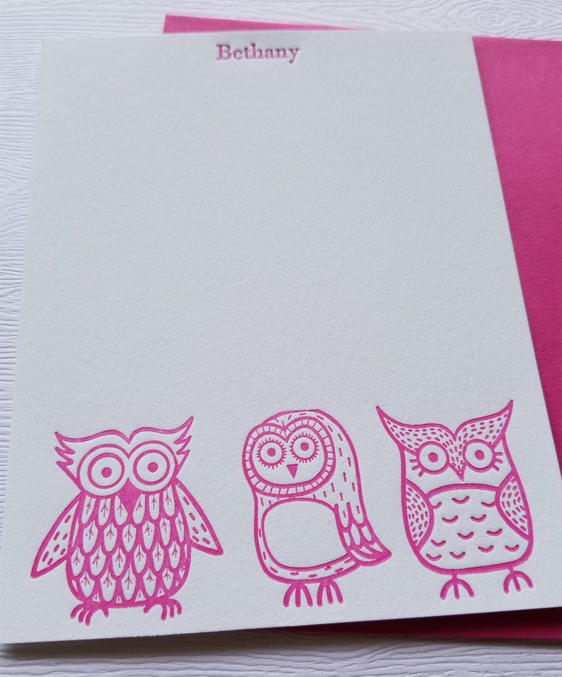 Owls Letterpress Stationery Children Baby Magenta Pink