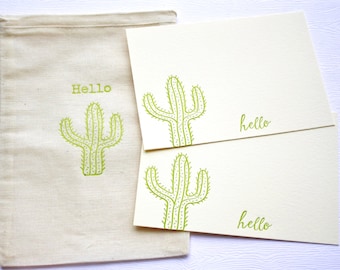 Hello Letterpress Cactus Cards with Muslin Sack Golden Green