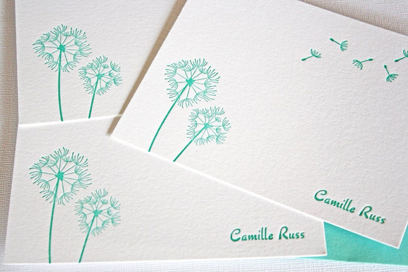 Personalized Letterpress Stationery Dandelions Teal Blue image 3