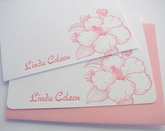 Personalized Hibiscus Letterpress Stationery Pink