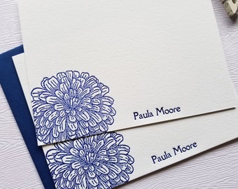 Zinnia Letterpress Stationery Personalized Deep Blue Tangerine Orange Flowers