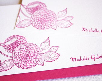 Personalized Letterpress Stationery Dahlias Pink Fuchsia