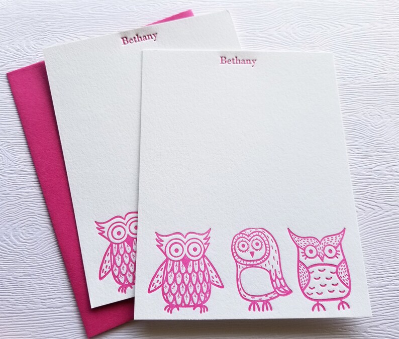 Owls Letterpress Stationery Children Baby Magenta Pink