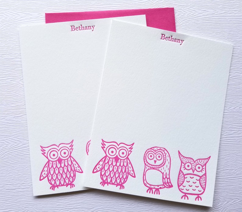 Owls Letterpress Stationery Children Baby Magenta Pink