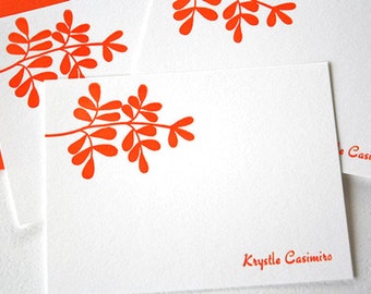 Personalized Letterpress Stationery Leaves Tangerine Orange