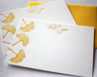 Thank You Letterpress Cards Ginkgo Leaves Golden Yellow