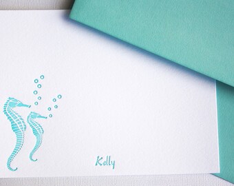 Personalized Letterpress Stationery Seahorse Custom Cards Aqua Blue
