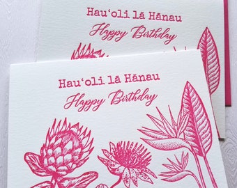 Protea Lilikoi Bird of Paradise Letterpress Birthday Cards Hauʻoli Lā Hānau Happy Birthday