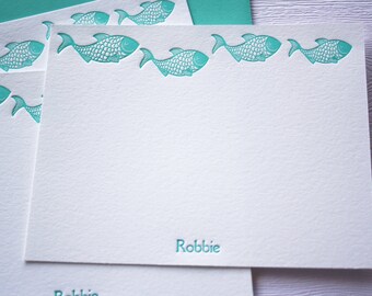 Personalized Letterpress Stationery Fish Aqua Blue