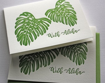 Hawaii Monstera Letterpress Cards With Aloha Forest Green