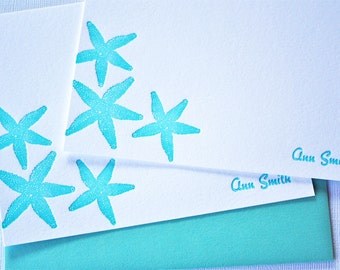 Personalized Starfish Letterpress Stationery Aqua Blue Cards