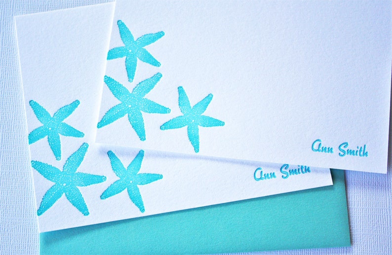 Personalized Starfish Letterpress Stationery Aqua Blue Cards image 1