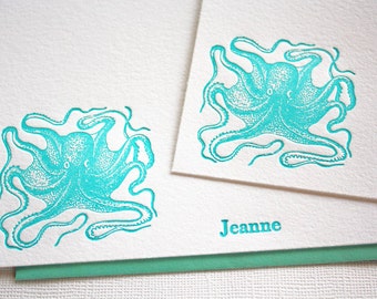 Personalized Letterpress Stationery Octopus Ocean Blue