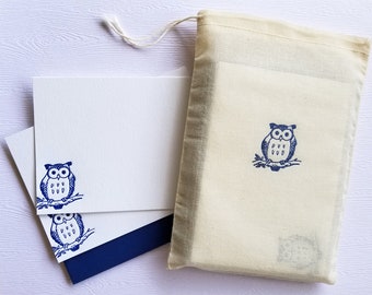 Owl Letterpress Stationery with Muslin Sack Navy Blue Note Cards