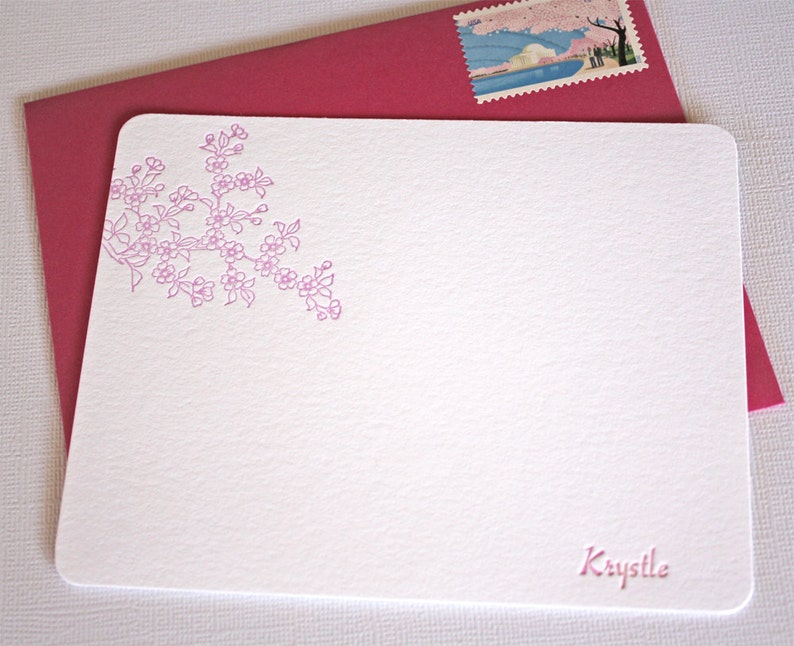 Personalized Letterpress Stationery Cherry Blossoms Spring Pink image 1