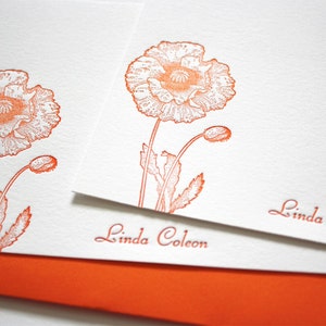 Personalized Letterpress Stationery Poppies Orange Tangerine with Script Font