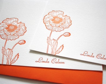 Personalized Letterpress Stationery Poppies Orange Tangerine with Script Font