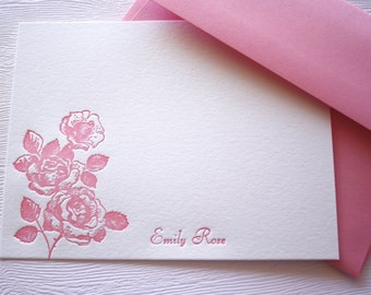 Personalized Letterpress Stationery Roses Pink Script Name