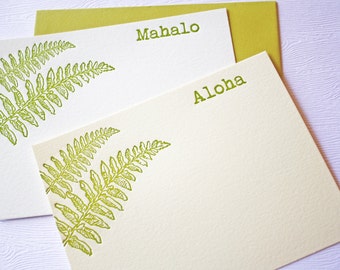 Letterpress Stationery Kupukupu Fern Aloha Mahalo Golden Green