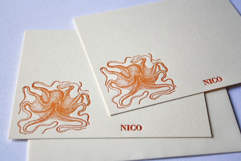 Personalized Letterpress Stationery Octopus Waving Rust image 4
