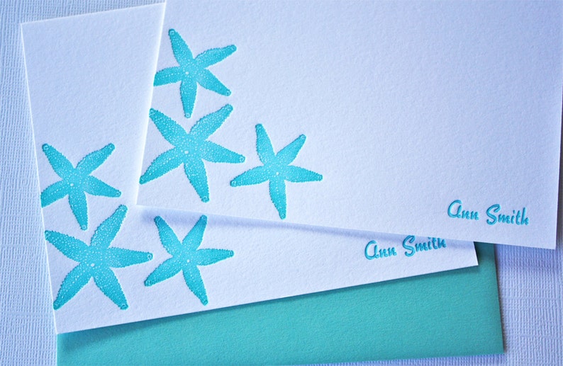 Personalized Starfish Letterpress Stationery Aqua Blue Cards image 2