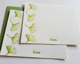 Ginkgo Personalized Letterpress Stationery Note Cards Golden Green