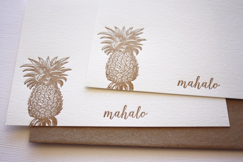 Pineapple Letterpress Thank You Cards Aloha Mahalo Copper Gold image 1