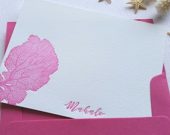 Ocean Coral Letterpress Stationery Magenta Fuchsia Aloha Mahalo