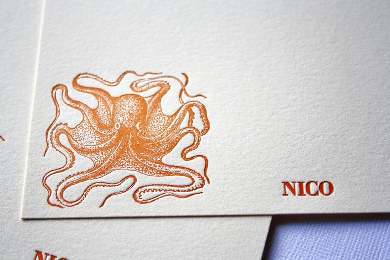 Personalized Letterpress Stationery Octopus Waving Rust image 3